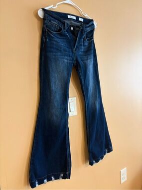 KanCan Dark Indigo Flare Jeans with Distressed Hem
